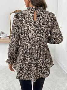 SHEIN LUNE 女士休闲豹纹荷叶边长袖衬衫 - 卡其色 - 查看 2