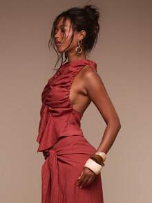 Musera Resort Áo khoác ngoài đi biển bằng vải lanh, cổ cao, buộc dây, lưng thấp, chỉ gồm áo bơi, thích hợp cho kỳ nghỉ hè, du lịch, đồ đi biển Terra Sol mùa xuân - Màu Đỏ Sâu - Xem 3