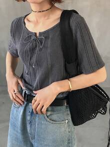 FRIFUL 女士休闲交叉绑带短袖T恤，夏季 - 灰色 - 查看 6