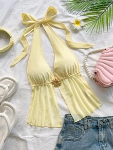 Soleia 女士性感露背系带金属装饰沙滩度假吊带背心，夏季 - 淡黃色 - 查看 3