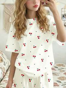 Mignon rétro doux mini cerise cœur imprimé motif, 2026 adolescente décontracté ample minimaliste col rond manches courtes pantalon pyjama ensemble, convient pour le printemps/été - Multicolore - View 3