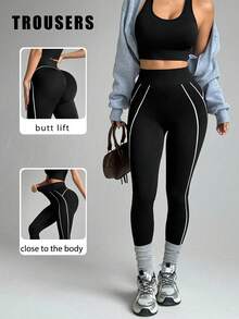 SHEIN Sports 女士无缝黑色九分紧身裤，白色线条设计，适合健身、瑜伽和日常穿着 - 黑與白 - 查看 1