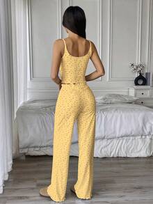 Hanevo Bộ đồ mặc nhà 2 món gồm áo hai dây và quần dài gân - Màu vàng - Xem 2