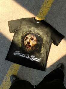 Manfinity Dauomo Camiseta gráfica vintage retro "Jesús es el Señor", regalo para creyentes de Jesús y Dios, regalo para él, nuevo estilo primavera/verano 2026 - Negro - Ver 1