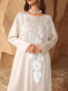 Al Najma Elegant Round Neck Long Sleeve High-End 3D Floral Dress With Attached Sleeve, Spring/Summer Abayas - Apricot - View 4