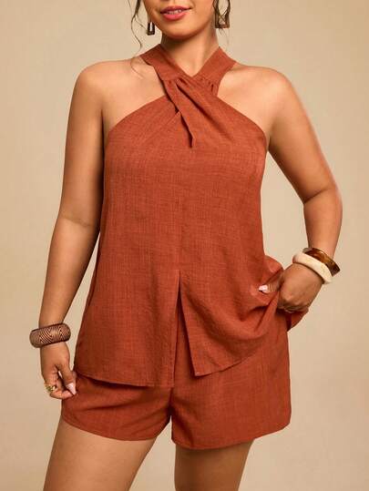 Travachic 大码女士度假两件套，度假风梭织印花吊带上衣和高腰宽松短裤