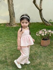 SHEIN LMoss Kids Baby Girl Summer Casual Vacation Daily Commute Solid Color Jacquard Babydoll Cami Top & Wide Leg Pants Set - Pink - View 4