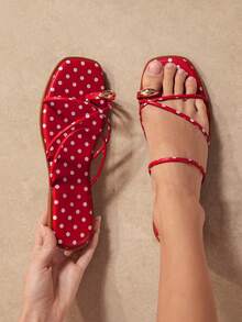 Solezae #PopCraft Women's Red Polka Aesthetic Strappy Toe-Loop Slides – Vibrant, Sleek & Eye-Catching - Red - View 4