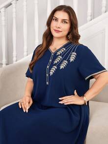 Al Najma Gaun Maxi Turki Wanita Ukuran Besar Lengan Pendek Bordir Warna Polos, Kaftan Tradisional Arab - Navy Blue - View 1