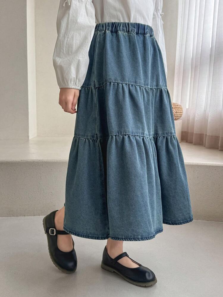 Tween Girls Elastic Waist Layered Ruffle Hem Casual Denim Skirt