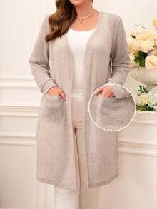 Miaspire 大码休闲纯色双口袋外套，适合情人节、春假、夏季度假、嘉年华、婚礼及活动等场合，优雅连衣裙，女士度假嘉年华服装，女士沙滩装，女士度假装，春夏女士开衫 - 卡其色 - 查看 4