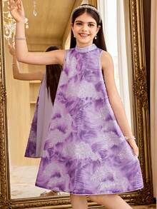 SHEIN Tween Girl Elegant A-Line Stand Collar Sleeveless Dress,Purple Lavender Lilac Princess Partywear For Kids,Light Blue And White,Summer,Elegant,Party - Purple - View 7