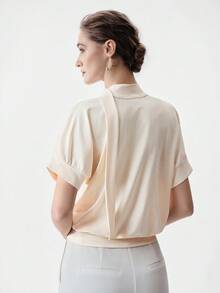 Aalyst Tricou elegant pentru femei, cu guler lung, plisat, cu fundă și mânecă scurtă, galben deschis, potrivit pentru ocazii de primăvară/vară, precum Anul Nou, Ziua Îndrăgostiților, Paște, Ziua Mamei, nunți în Orientul Mijlociu, la locul de muncă, escapade romantice - Lumină galbenă - Vizualizare 2