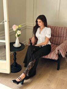 SHEIN MOD 女士复古撞色蕾丝喇叭裤，春季 - 黑色 - 查看 1