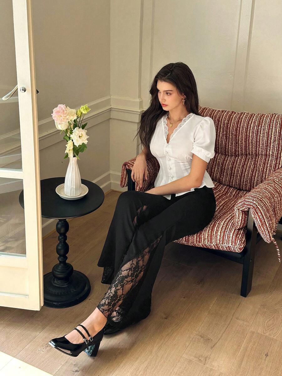 SHEIN MOD 女士复古撞色蕾丝喇叭裤，春季 - 黑色 - 查看 1