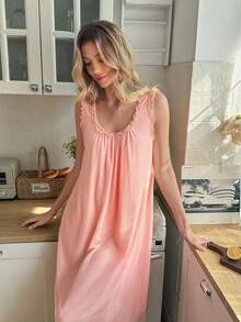 SHEIN 夏季双层网纱荷叶边吊带睡裙 - 粉色 - 查看 2