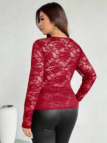 Firerie Top elegant casual mărimă mare, cu dantelă, decolteu în V, mânecă lungă, elastic, versatil pentru purtare zilnică și vacanță, primăvară/toamnă - roșu - Vizualizare 2