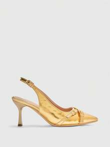 CUCCOO BIZCHIC Damskor Dam Spetsiga Tunna Höga Klackar Guldfärgade Korsrem Bakrem Mode Mångsidiga Pendlare Dagliga Arbete Dam Höga Klackar Bak Tomma Damskor - Guld 1 - Visa 2