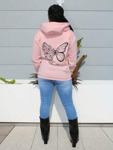 Steph T 蝴蝶和口号图案抽绳保暖内衬连帽衫蝴蝶和花朵，长袖上衣 - 粉色 - 查看 2