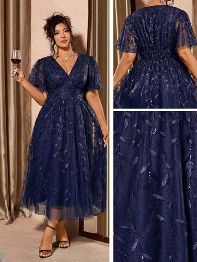 Cravure Plus Size Elegant Party Red V-Neck Mesh Sequin Ruffle Hem Dress