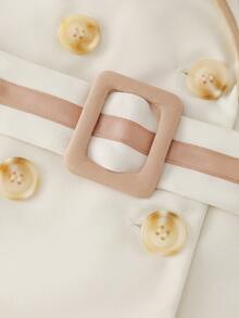 GlowEve Women's Colorblock Blazer Collar Double-Breasted Design With Belt, Elegant For Daily Commute, Casual, Fashion, French Style, Versatile, Business, Cream White & Apricot Splice, Khaki, Sleeveless, Spring/Summer Trench Coat - Multicolor - View 9