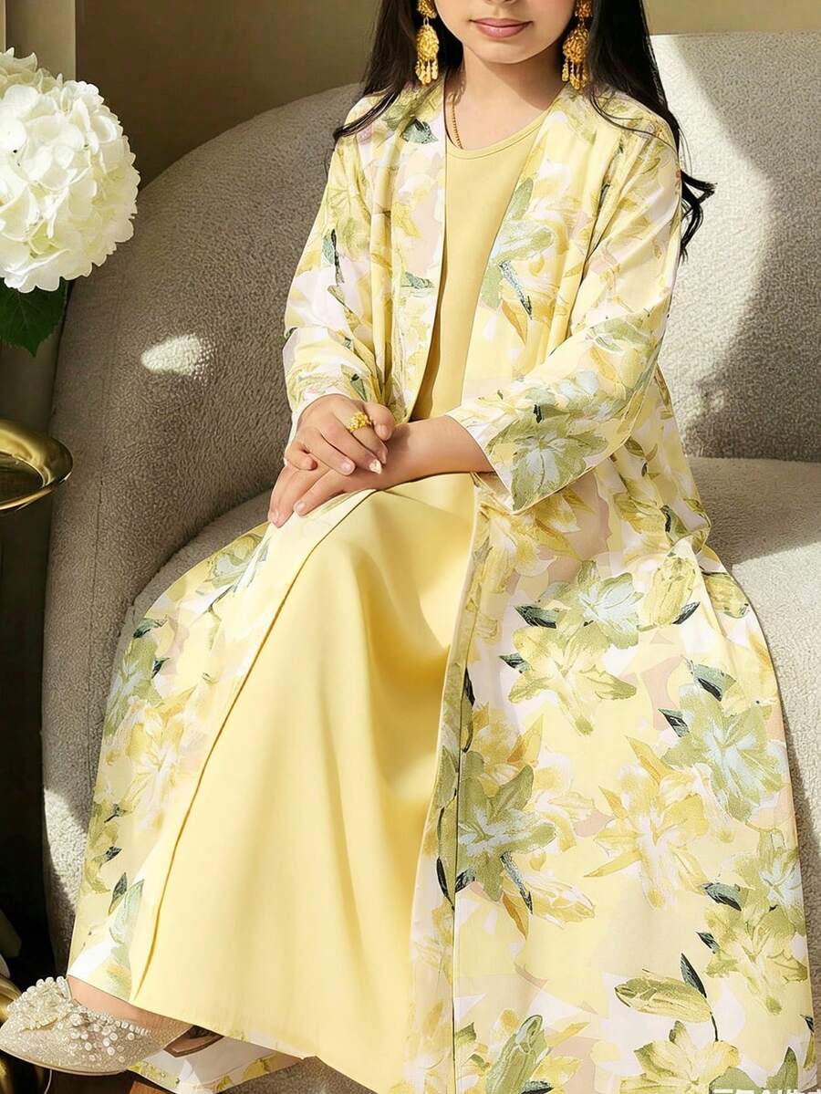 SHEIN 2pcs/Set Girls Printed Long Sleeve Dress - Yellow - View 1