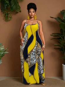 Maweii Plus Size Women Summer Bohemian Vacation Style Patchwork Leopard Paisley Contrast Print Sleeveless Dress - Yellow - View 5