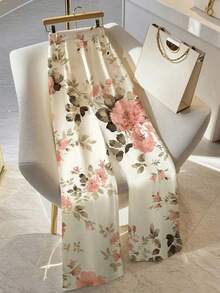 Franclia Eleganta blommiga kontorsbyxor för kvinnor - Aprikos - Visa 2