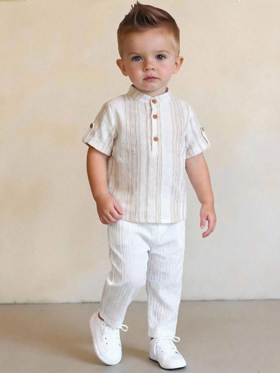 SHEIN 2 piezas Conjunto de top de manga corta con cuello Mao suave de punto y pantalones de cintura elástica para bebé niño, adecuado para fiesta de cumpleaños, rave, fiesta de noche, actuación, boda, baby shower y celebración del 1er cumpleaños - Multicolor - Ver 1