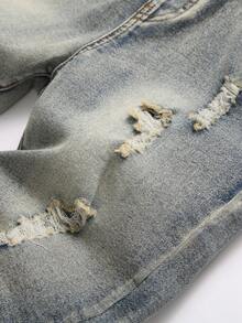 SHEIN 青少年男孩时尚休闲复古酷炫街头镂空破洞磨边复古蓝色弹力牛仔短裤，适合日常穿着以及春夏锐舞节和街头潮流，2026春夏新款 - 藍色 - 查看 7