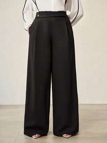 MOTF PREMIUM PLUS SIZE SOLID HIGH WAIST SLANT POCKET FOLD PLEATED WIDE LEG PANTS FALL - Black - View 1