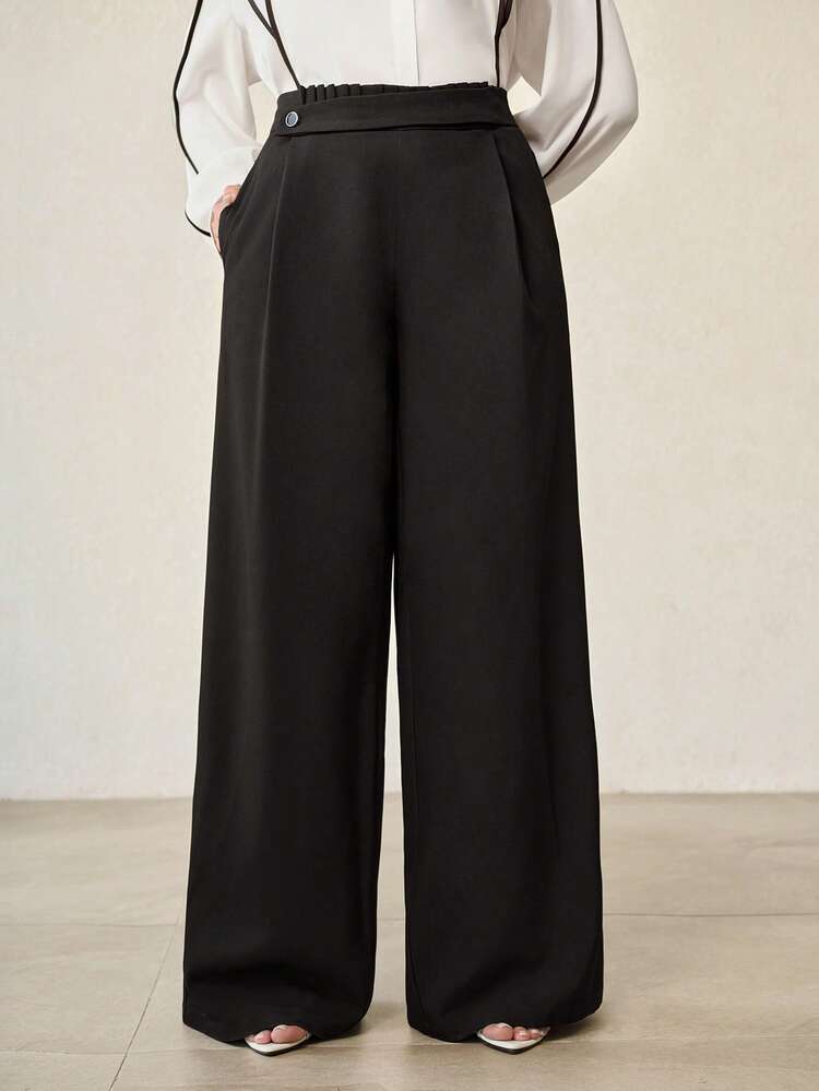 PLUS SIZE SOLID HIGH WAIST SLANT POCKET FOLD PLEATED WIDE LEG PANTS