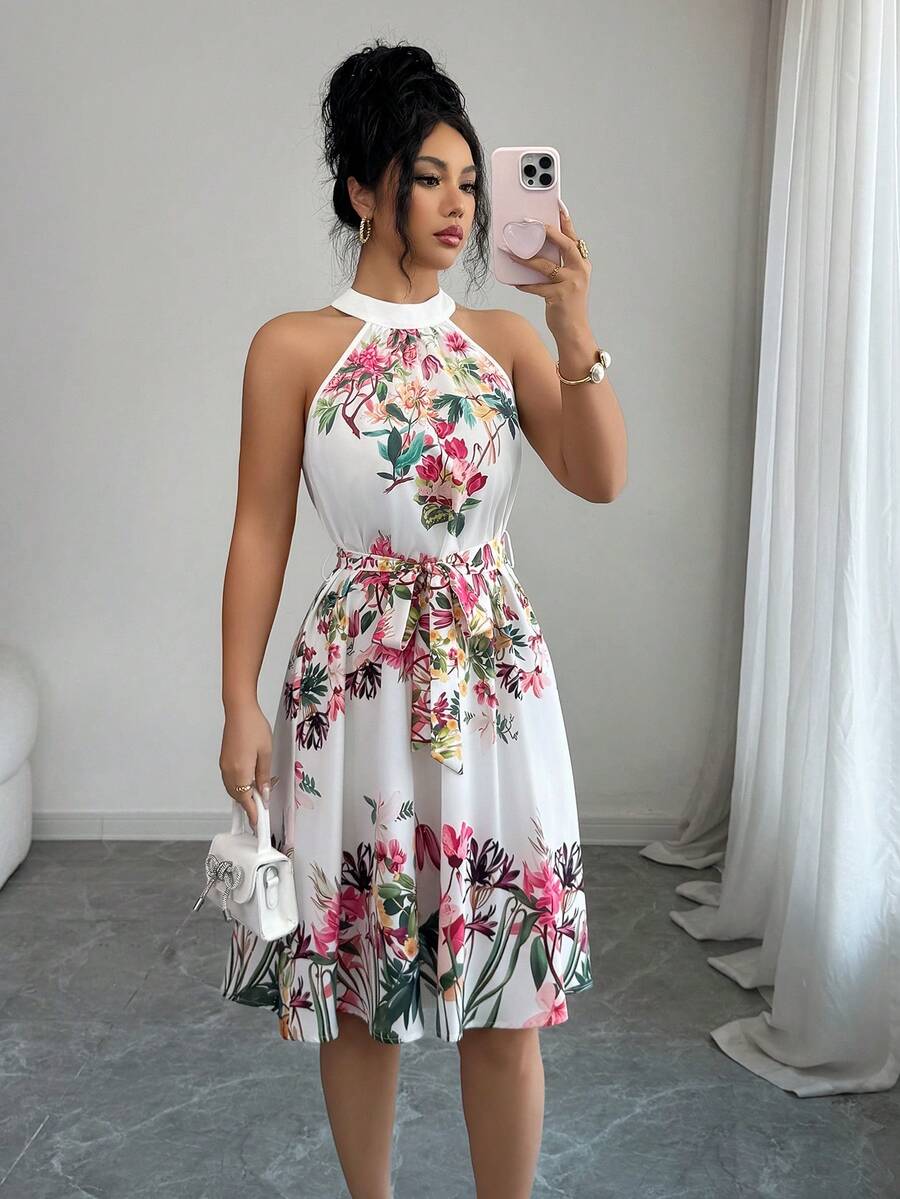 Elenzga Elegant Floral Print Vacation Dress - White - View 1