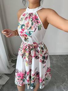 Elenzga Elegant Floral Print Vacation Dress - White - View 5