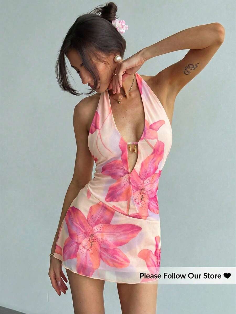 Aloruh 新款亮丽夏日欧美度假风黄色印花扎染深V领露背迷你紧身连衣裙 - 淺粉色 - 查看 1