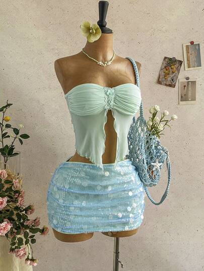 Soleia Women's Romantic 3D Floral Decor Ruched Bandeau Top And Sexy Elegant Sequin Mini Skirt 2-Piece Set, Suitable For Beach, Cruise, And Holiday Beach Skirt Set Summer Skirt Set Sequin Skirt Set Skirt Top Set Skirt Swimsuit Set Skirt Bikini Set Vintage Swimsuits For Woman Summer Skirt And Top Set,Island Vacation Outfit,Casual Vacation Camisole Top, Boho Vacation,Beach Cruise Vacation Set Island Vacation Outfit