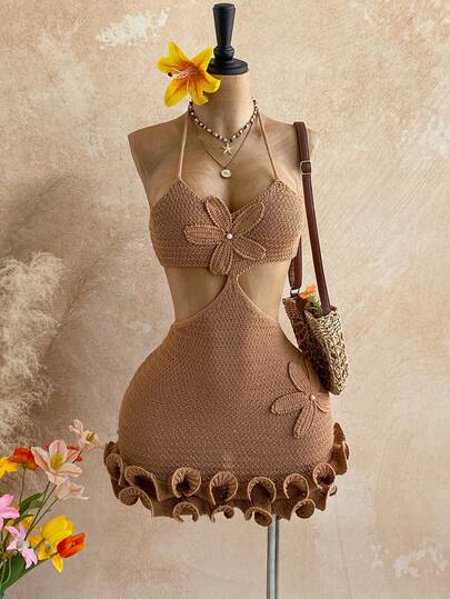 Soleia Women's Casual Holiday Khaki Floral Decor Ruffle Hem Sweater Dress, Suitable For Beach, Cruise, City Vacation, Holiday Date, Afternoon Tea, Music Festival, Boho, Summer Dress, Party