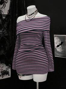 Sunspun 大码女式性感条纹不对称肩长袖休闲条纹面料高弹舒适街头时尚短款灰色连衣裙 - 彩色 - 查看 3