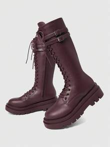 ROMWE Women's High School Boots White Long Boots, Dark Rock Punk Goth Boots, Belt Buckle Strap Motorcycle Boots, Y2K Party Themed High Boots, College Style Knight Boots Valentine's Day - Burgundy leather - View 3