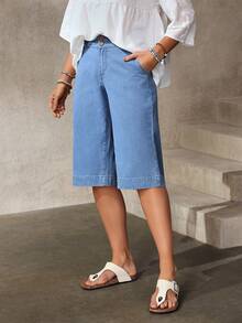 EMERY ROSE 女士纯色斜插口袋休闲百搭牛仔短裤 - 藍色 - 查看 4