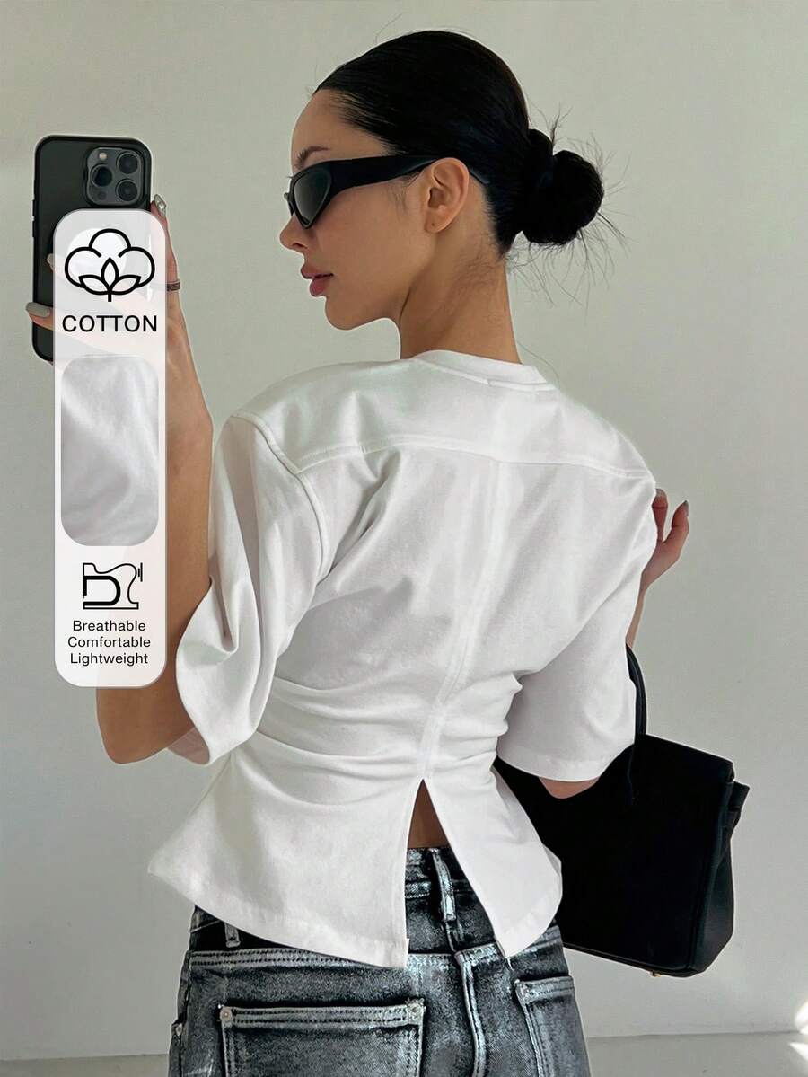 DAZY 女士夏季纯色圆领腰部抽绳休闲 T 恤 Y2k - 白色 - 查看 1