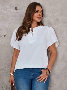 EMERY ROSE Áo sơ mi tay cánh hoa màu trơn cỡ lớn, cài cúc, thích hợp cho mùa hè. - trắng - Xem 3