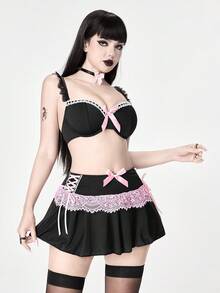 ROMWE Kawaii 4pcs Lace Trim Choker, Underwire Bow Bralette, Thong And Mini Skirt Sexy Lingerie Set - Black - View 6