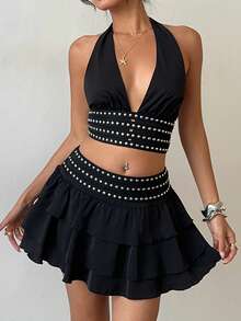 Aloruh Women's Rivet Decor Halter Backless Top And Mini Skirt 2 Pieces Set - Black - View 9