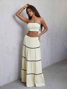 Eryvara 两件套女士优雅露脐抹胸上衣和半身裙度假套装奶油色两件套长裙两件套波西米亚风长裙套装夏季半身裙套装波西米亚风两件套 - 杏色 - 查看 6