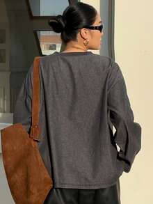 Dazy Plus Áo thun cổ tròn thêu chữ cổ điển dành cho nữ cỡ lớn, phong cách đường phố thường ngày, cỡ lớn, mùa thu/đông - Màu xám đen - Xem 2