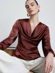 Aveloria Modichic Women's French Ruffled Collar Satin High-End Cinched Waist Shirt - Burgundy - View 5