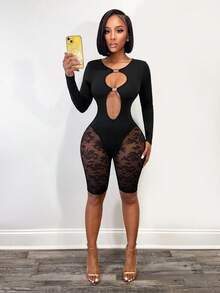 BamGleam Women's Black Lace Patchwork Hollow Out Round Neck Long Sleeve Jumpsuit,Autumn Club Rave Outfits,Spring Vacation Beach Holiday Clothing For Women - Black - View 1
