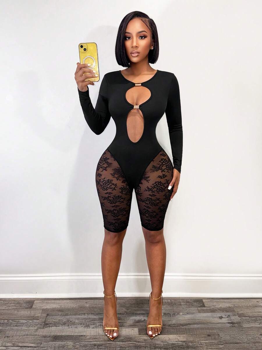 BamGleam Women's Black Lace Patchwork Hollow Out Round Neck Long Sleeve Jumpsuit,Autumn Club Rave Outfits,Spring Vacation Beach Holiday Clothing For Women - Black - View 1