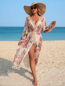 Swim Lushoire Kimono Wanita Motif Bunga dengan Sabuk yang Dapat Dilepas, Cocok untuk Pantai, Pesta, dan Liburan - MultiWarna - View 2